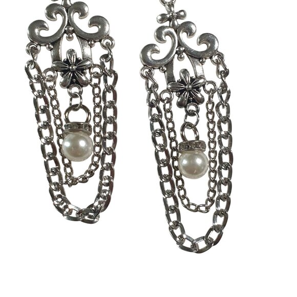 Silver Tone Dangle Earrings Ornate Design Chains Faux Pearl Accents Hook Back - Picture 2 of 7